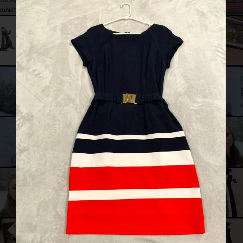 Dress Barn Size 10 Nautical Color Block Sleeveless Striped Dress with Gold Belt